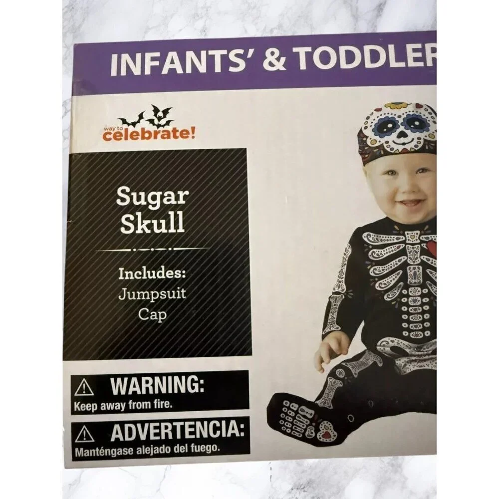 Infants Sugar Skull Skeleton Jumpsuit Cap Halloween Costume 0-6 Months Black NEW